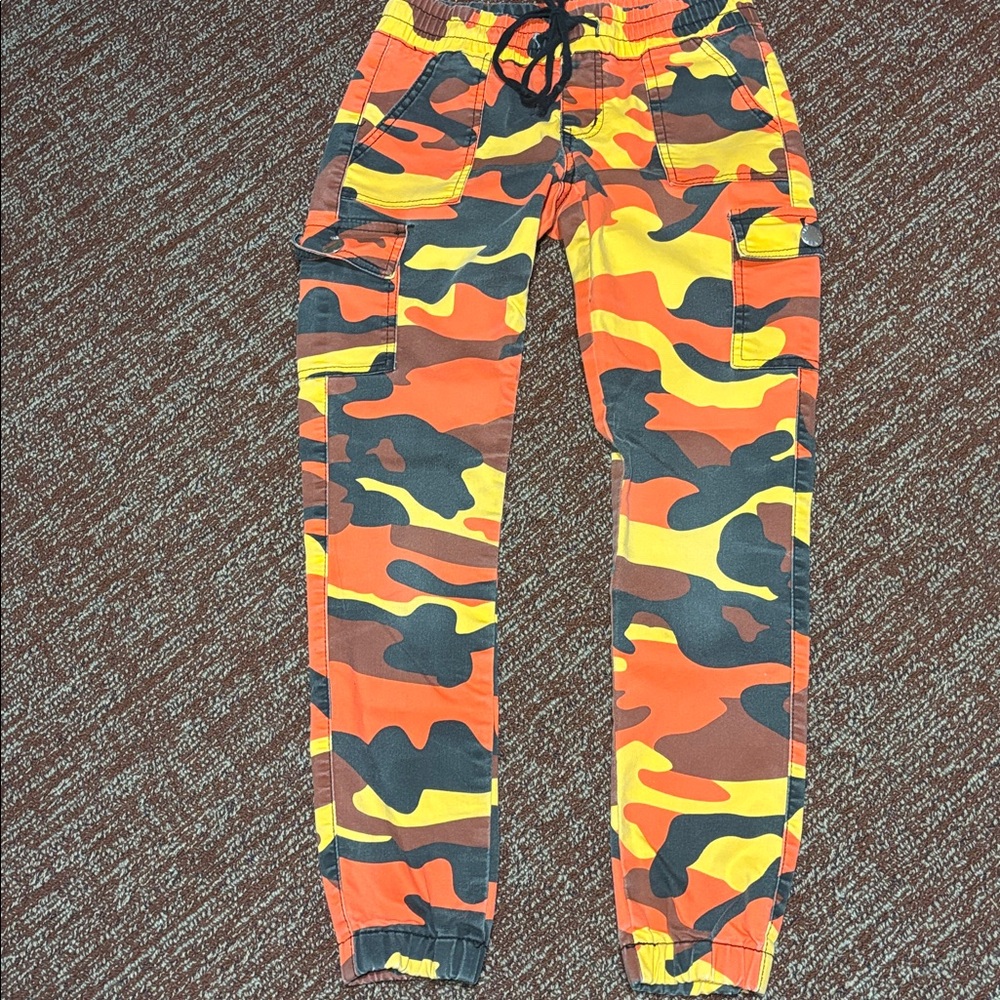 Vintage Y2K camo print slim joggers women’s elastic waist cargo pants orange - Picture 3 of 13